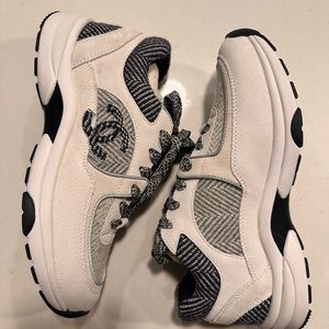 Chanel Fabric Suede Calfskin Womens CC Sneaker SZ 37